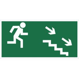 Kierunek do wyjścia drogi ewakuacyjnej schodami w dół (na prawo)